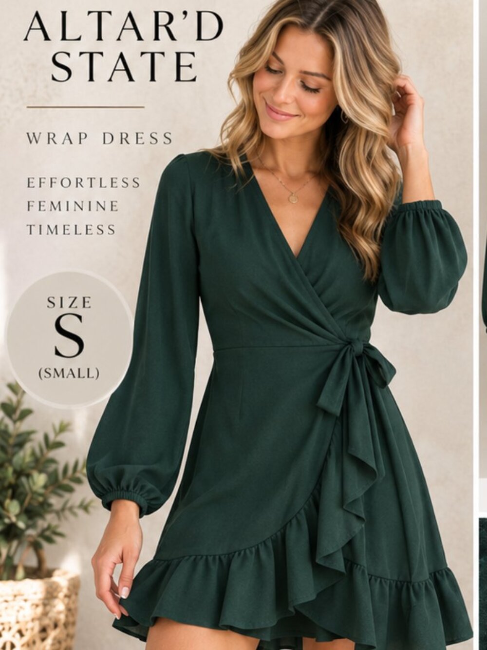 Altar'd State Hunter Green Ruffle Faux Wrap Mini Dress - Long Sleeve